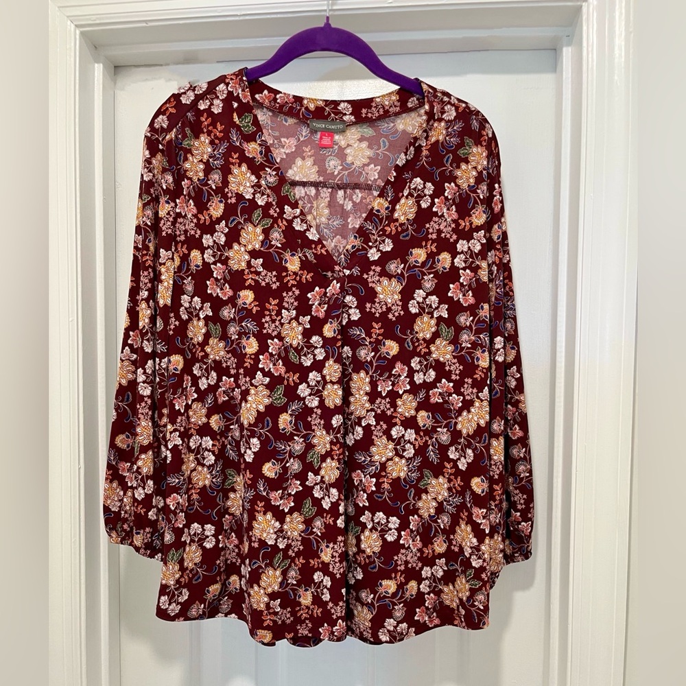 Vince Camuto Burgundy Floral Blouse Size L